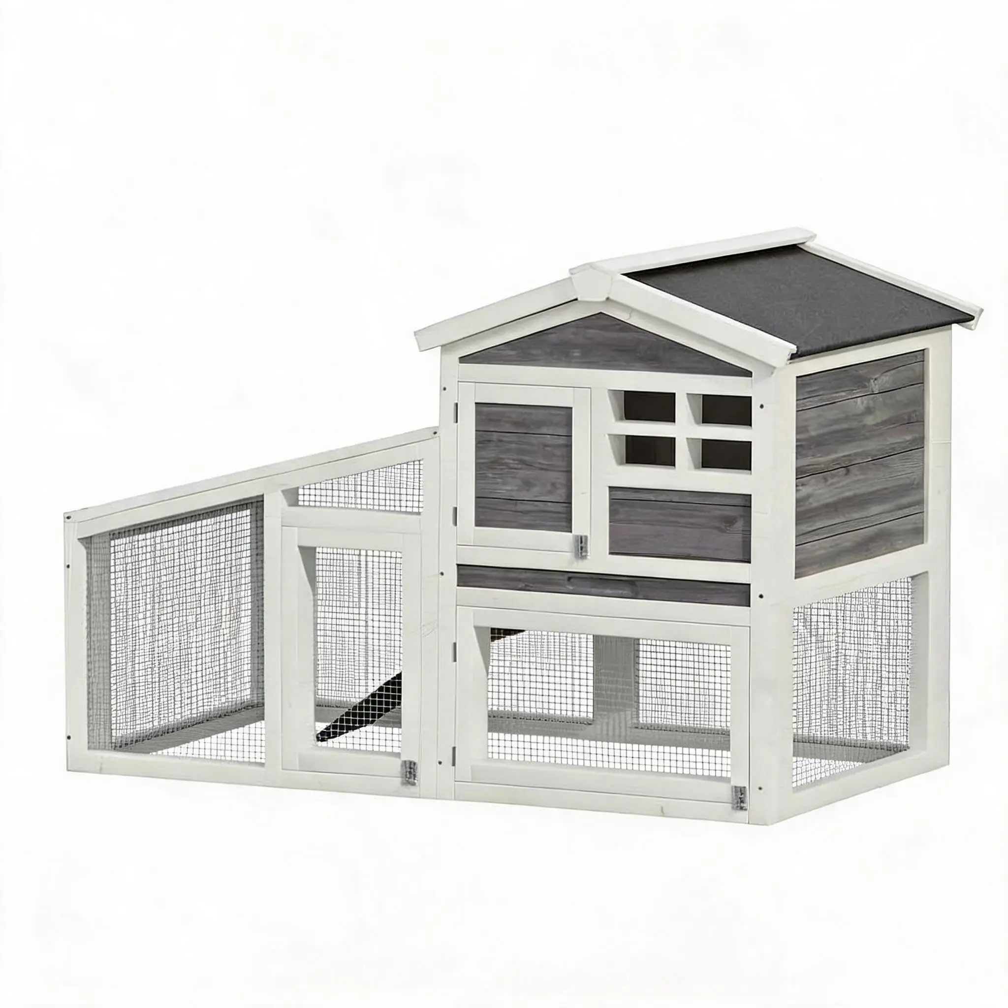 Garvee 2-Story Wooden Rabbit Hutch Indoor and Outdoor, Rabbit Cage with Removable Wire Netting and Leak Proof Tray, Weatherproof Bunny Cage with Anti-Chew Metal Frame Ramp for Small Animals Grey