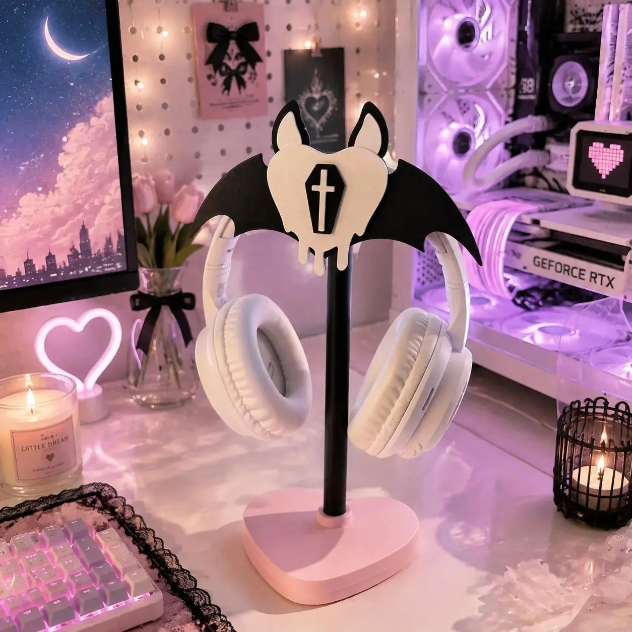 Pastel Goth Y2K Bat Wing Dripping Cross Heart Headphone Stand 2-in-1 Game Controller Holder with Cute Pink Base - 3D Printed Alt Aesthetic Gaming Desk Decor, PC Setup Accessory & E-girl Gamer Girl Gift