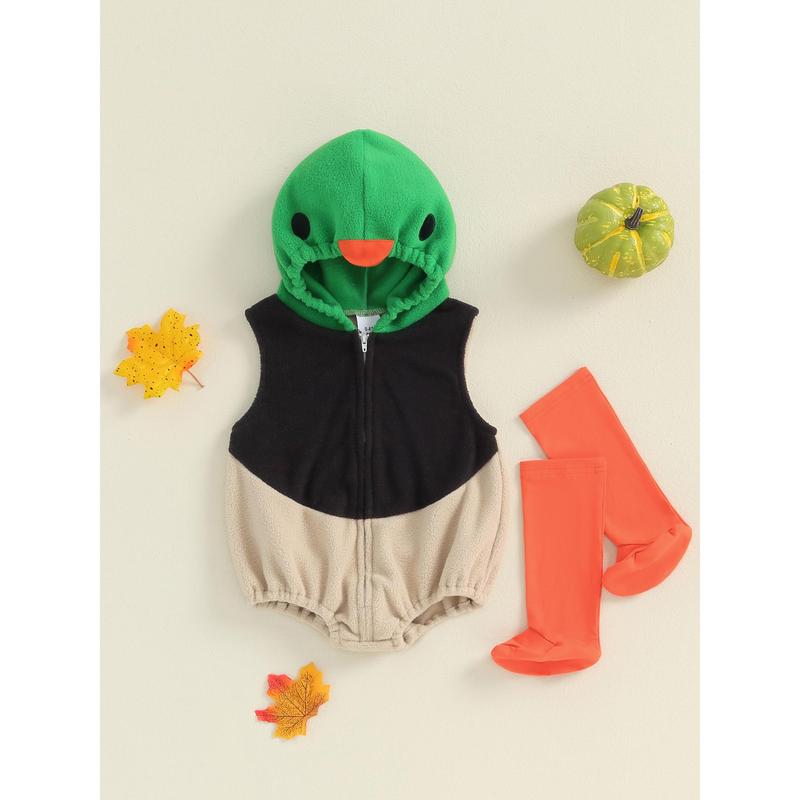 Baby Duck Costume, Sleeveless Hooded Zipper Closure Romper with Leg Warmers Halloween Cosplay Animal Romper Toddler Duck Costume