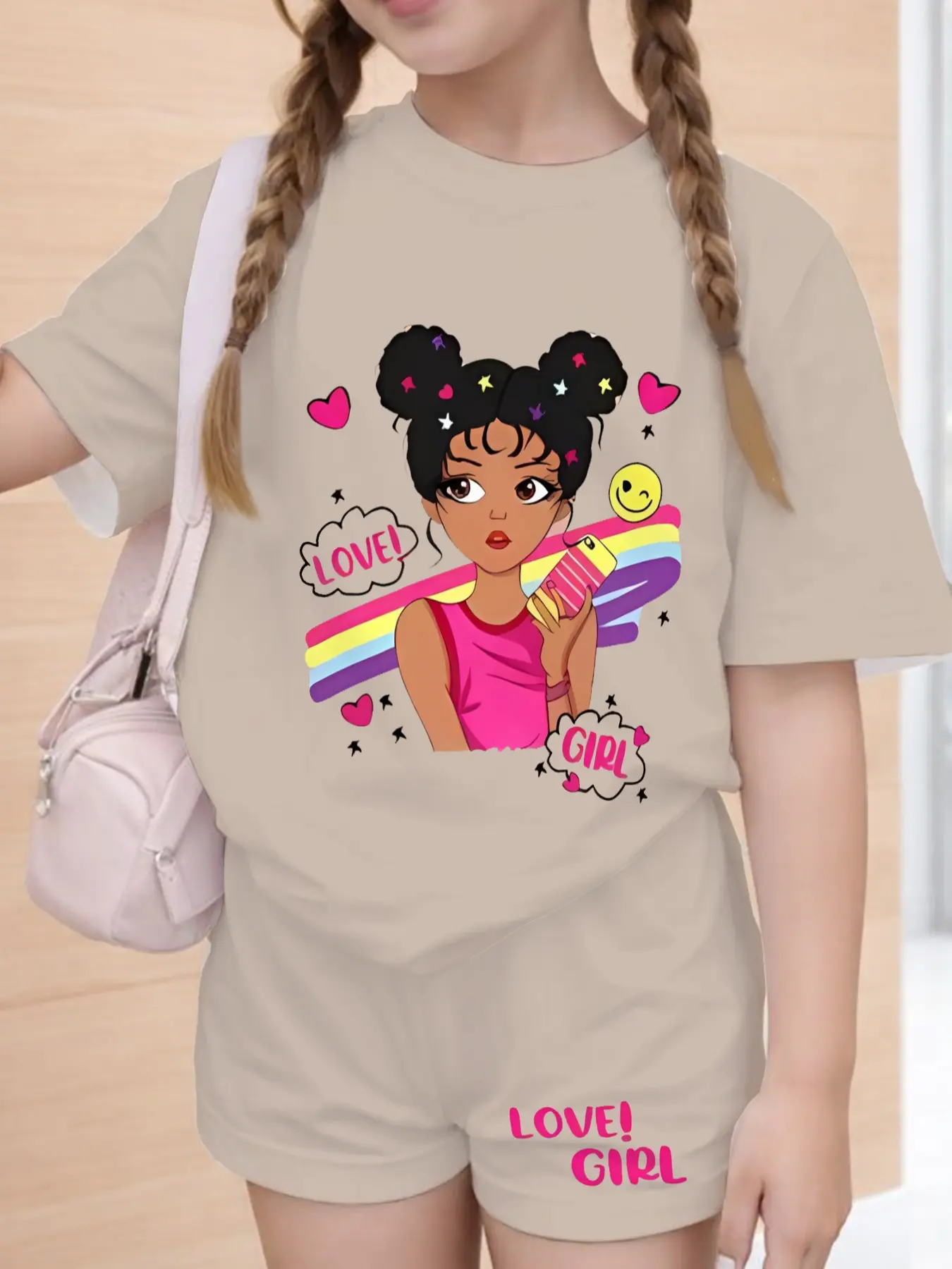 Girls' Summer Fashion Cartoon Print Round Neck T-Shirt & Casual Letter Pattern Shorts Set, Summer Clothes Set, Fitted Knit Short Sleeve Top, Summer Clothing Set