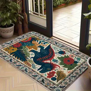 Whimsical Floral Dinosaur Doormat, Vintage Folk Art Animal Entrance Mat, Colorful Botanical Pattern Area Rug for Kids Room Porch, Washable Indoor Outdoor Floor Decor