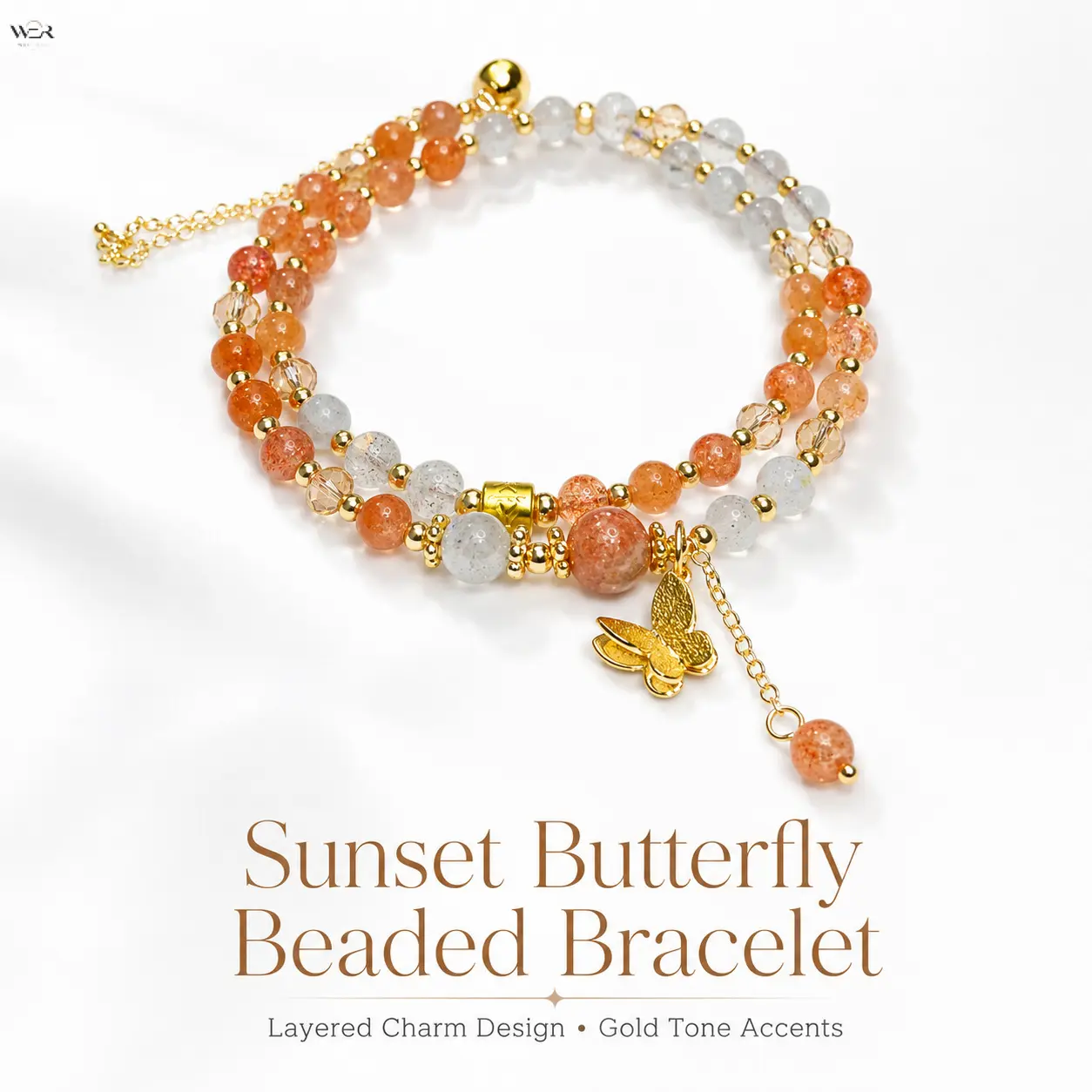 Boho Sunset Orange Sunstone Beaded Bracelet for Women, Double Layer Crystal Strand Bracelet with Gold Butterfly Charm, Adjustable Dainty Summer Jewelry Gift