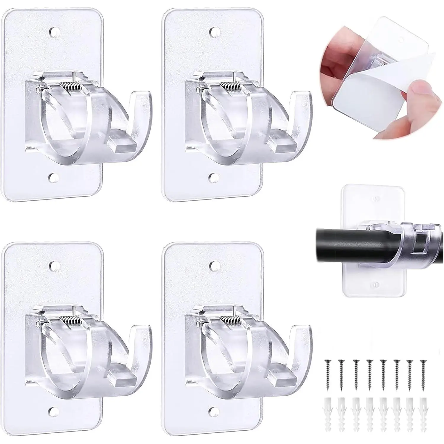 4 count Curtain Holder - No Drill Self Adhesive Brackets - Clear Plastic Rod Holder Hook Hanger (Transparent)