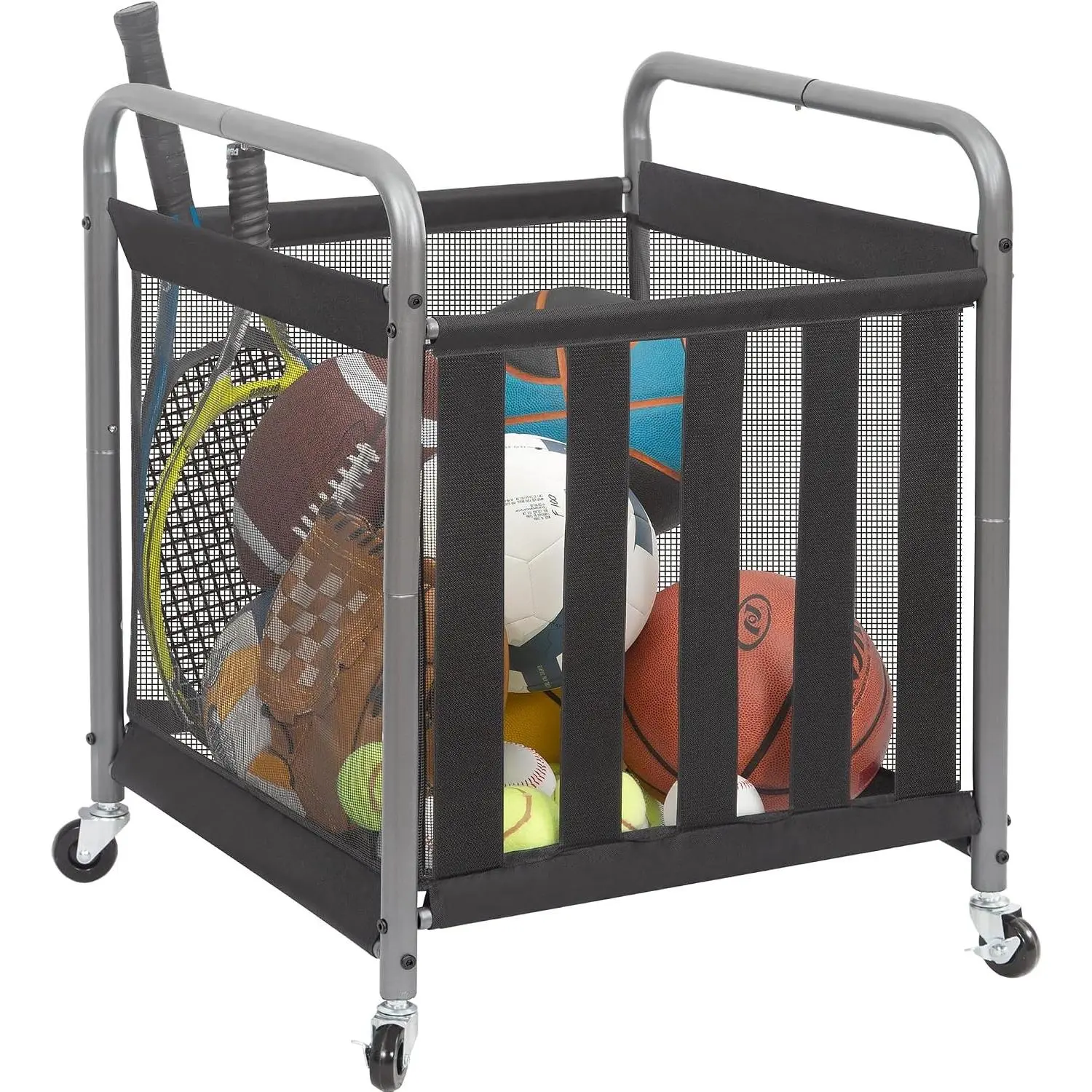 Ball Storage Bin Rolling Sports Ball Cart, Metal Garage Organizer Sport Rack Basketball Storage Cage for Garage or Gym, Indoor & Outdoor Sports Equipment Organizer