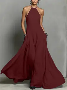 Summer New Cotton Linen Blend Simple Backless Halter Sleeveless Long Dress, Casual Elegant Summer Fashion, Perfect for Daily Wear