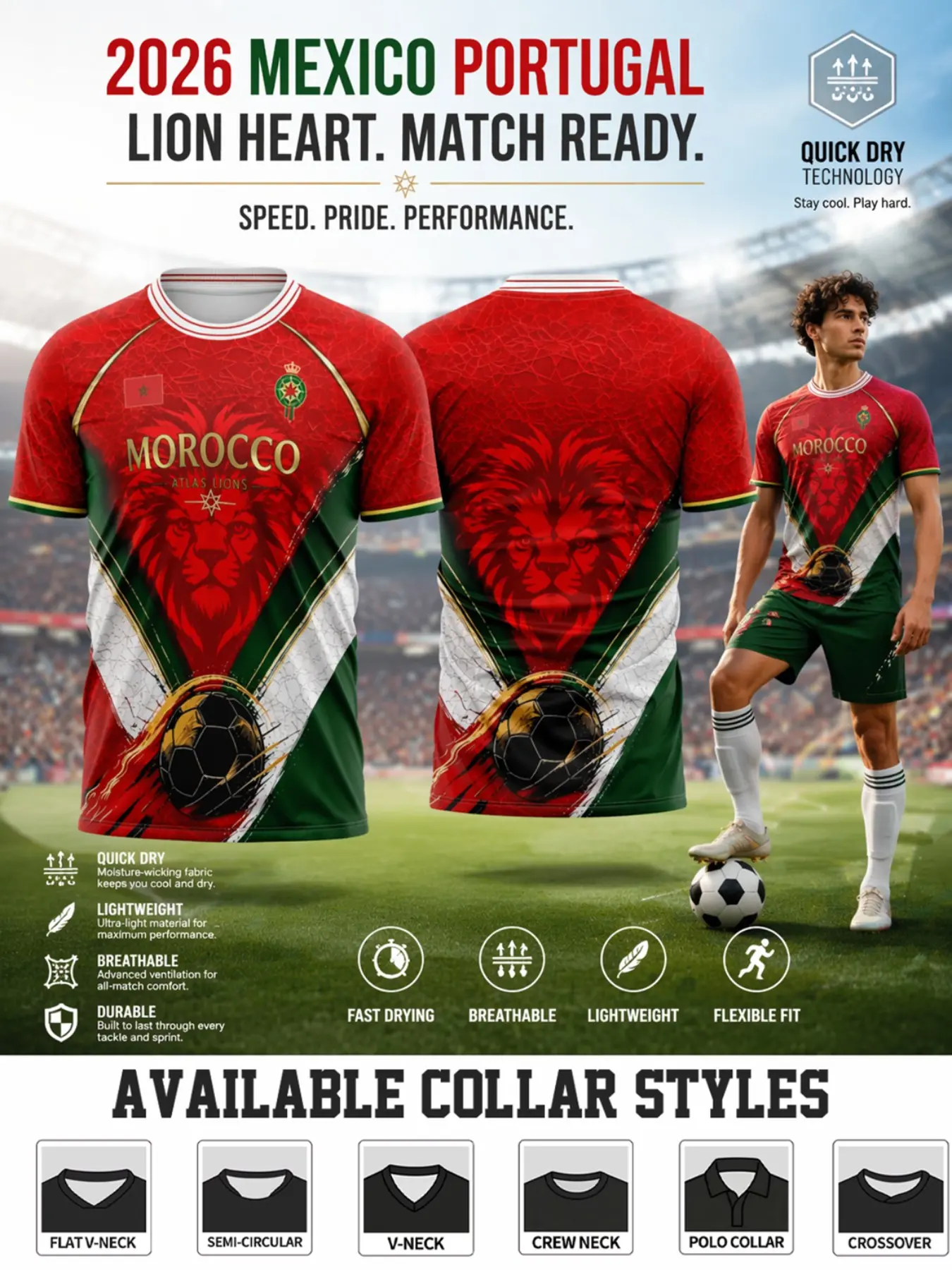 Colorblock Morocco Soccer Jersey, Quick-Dry Breathable Fabric, Multiple Neck Types, Customizable Team Name Number, Training Viewing Suitable