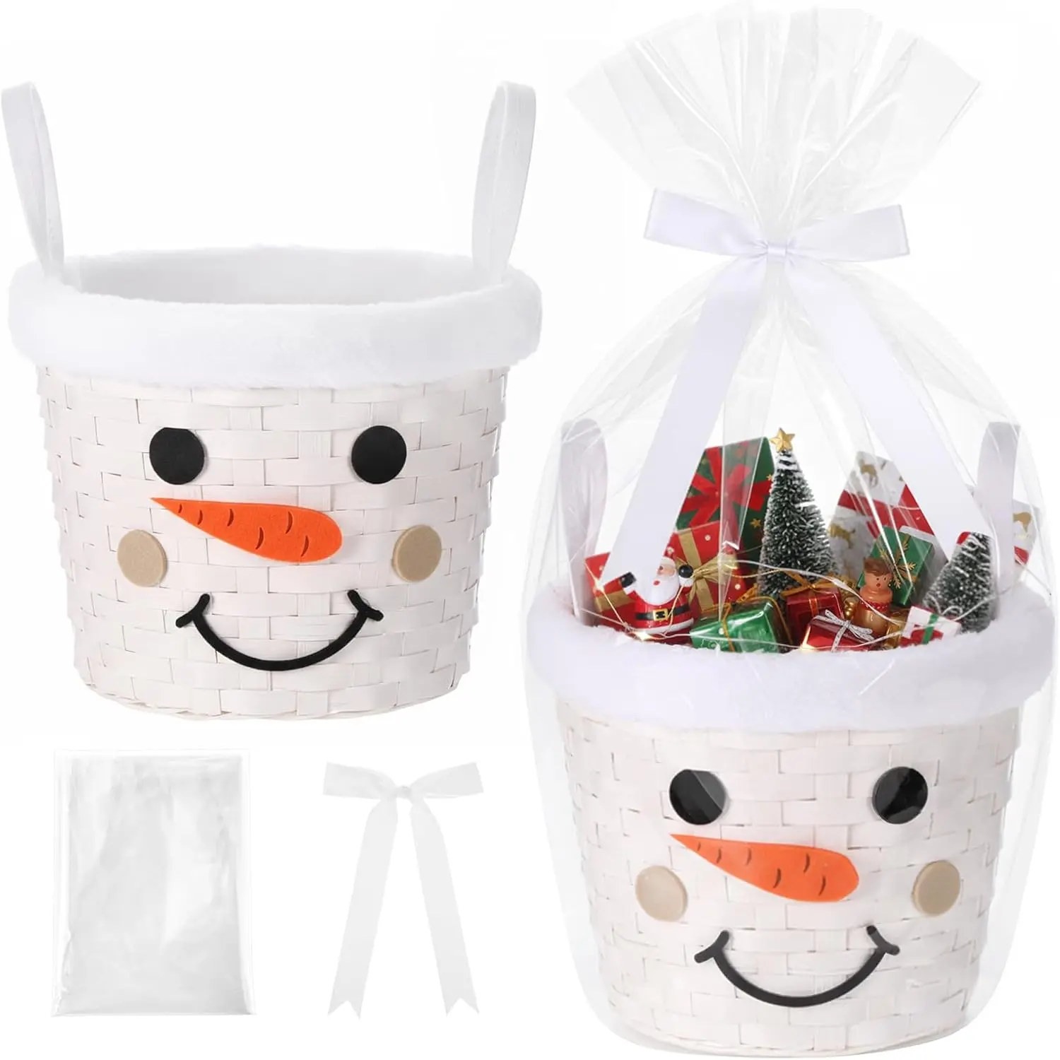 Woven Winter Christmas Gift Basket Empty with Transparent Bag, Bow Ribbon, Handle, Decor Elements, Customizable Set for Storage & Snacks, 9"x7" Home Organizer, With Handle