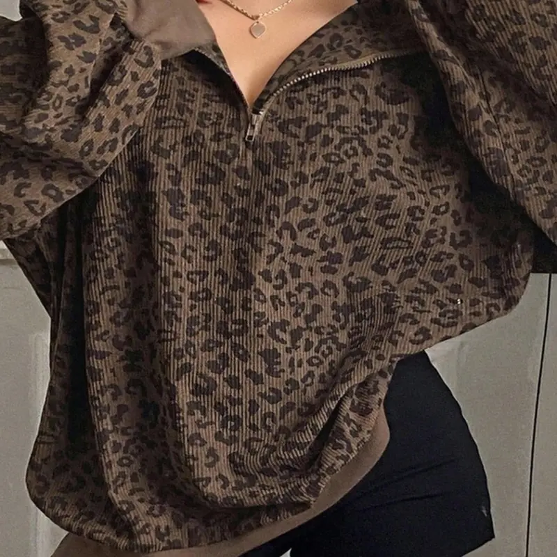 Women's Plus Size Fashion Zipper Long Sleeve Leopard Print Baggy Hoodie, Stylish Casual Winter Sweatshirt for Everyday Dates