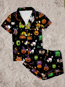【Halloween】Cute Spooky Season Halloween Monster Pajama Set | Quirky Ghost & Pumpkin Graphic Sleepwear | Soft Short Sleeve Button Down Lounge Outfit with White Piping | Fun Summeroween 2-Piece PJs | Novelty Nightwear