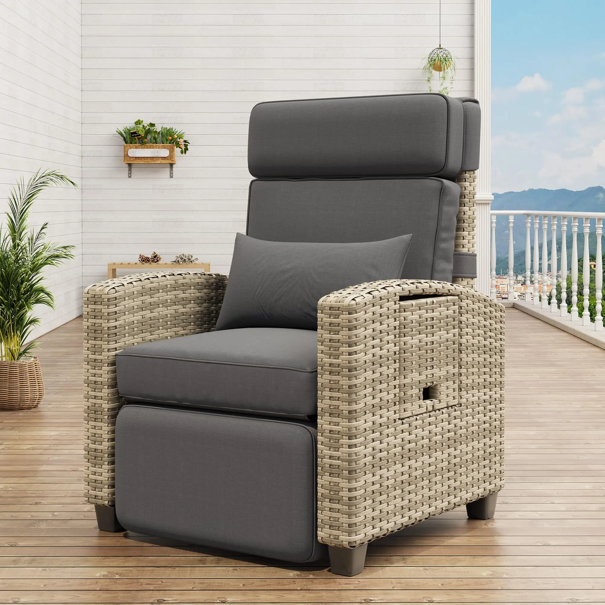 Adjustable Outdoor Wicker Reclining Chair with Comfort Plush Cushion, Sturdy PE Rattan Patio Lounge Featuring Detachable Footrest & Side Table for Garden Leisure Use