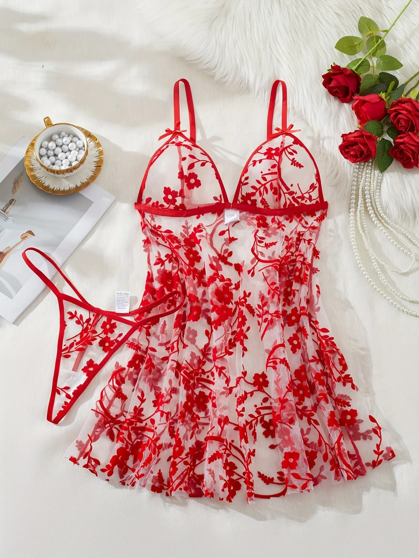 Women's Mesh Dress and Panties Set, Sheer Design Floral Embroidery Pattern, Perfect for Adults, Ideal for Dates, Valentine's Day, Night Out, Parties
