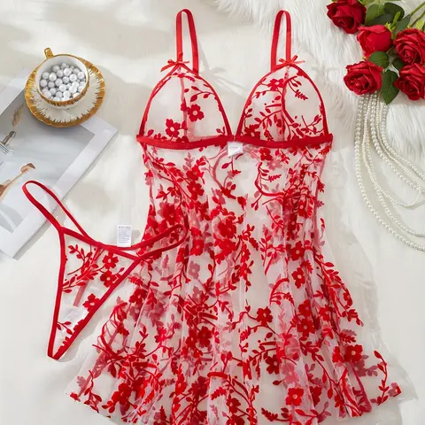 Women's Mesh Dress and Panties Set, Hot Lingerie, Matching, Sheer Design Floral Embroidery Pattern, Perfect for Adults, Ideal for Dates, Valentine's Day, Night Out, Parties