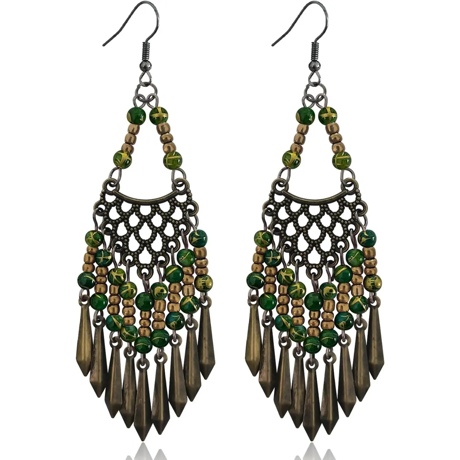 Bronze Bohemian Long Tassel Colorful Bead Dangle Drop Earrings Big Tribal Chandelier Geometry Hook Earrings for Women Statement  Gifts