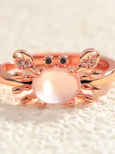 Rose Gold Crab Open Ring, Diamond-Embedded Cancer Sign Animal Ring, Soft Beach Vacation Design, Adjustable Teenage Lucky Ring