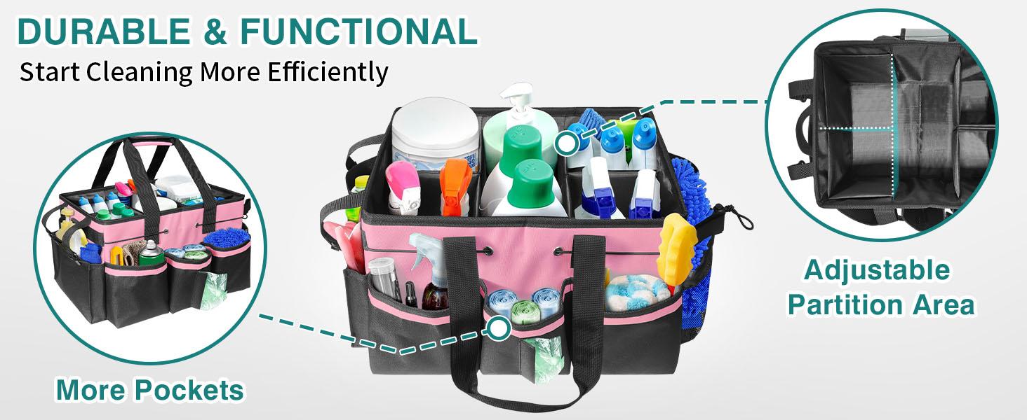 Cleaning Bags for Housekeepers, Large Cleaning Supplies Organizer with Handles & Shoulder Strap, Cleaning Caddy Bag with Foldable Divider for Cleaners, Car Horse Cleaning Bag(Pink)