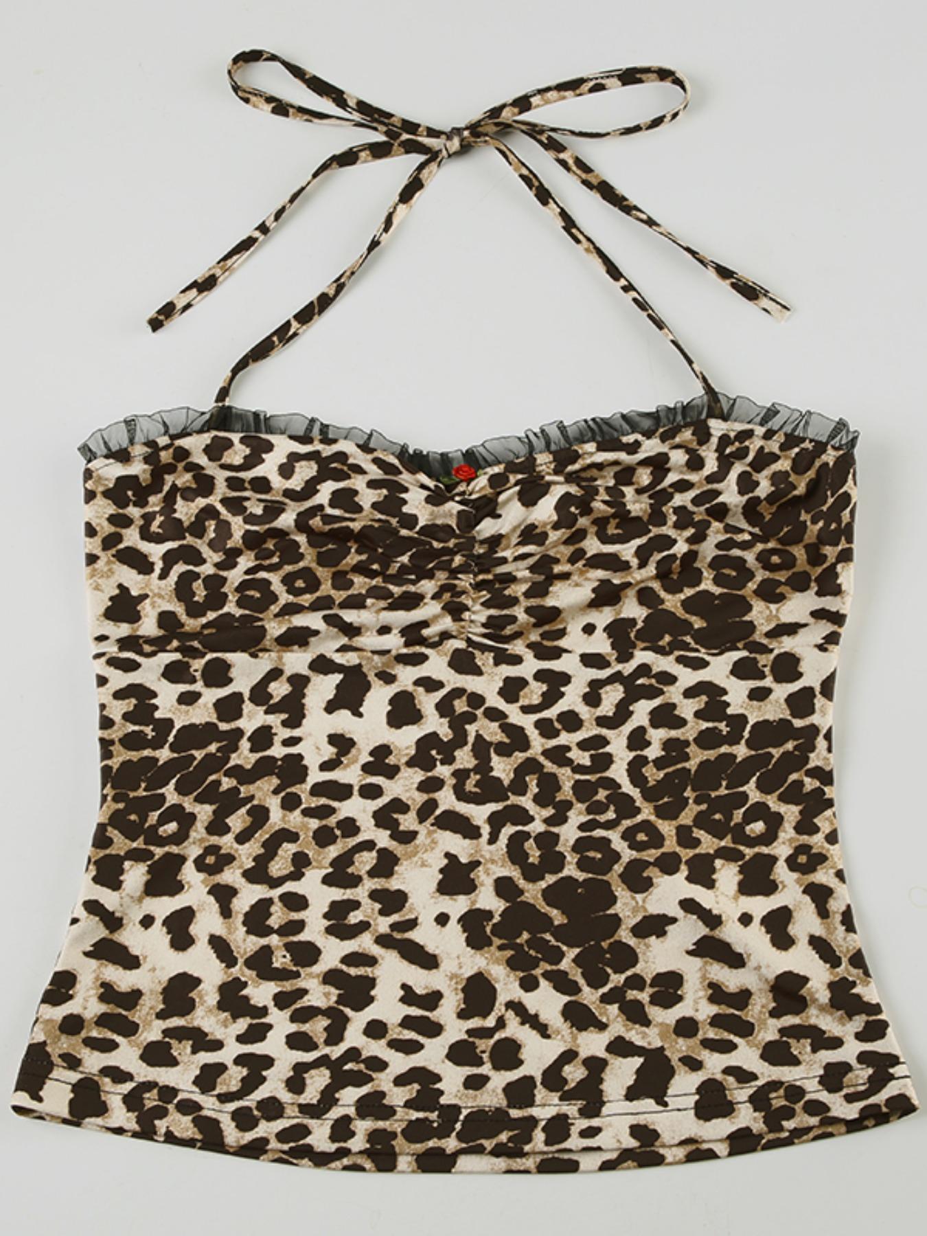Women's Leopard Print Ruched Halter Neck Top, Fashion Casual Sleeveless Frill Trim Top for Daily Outdoor Wear, Ladies Clothes for Summer