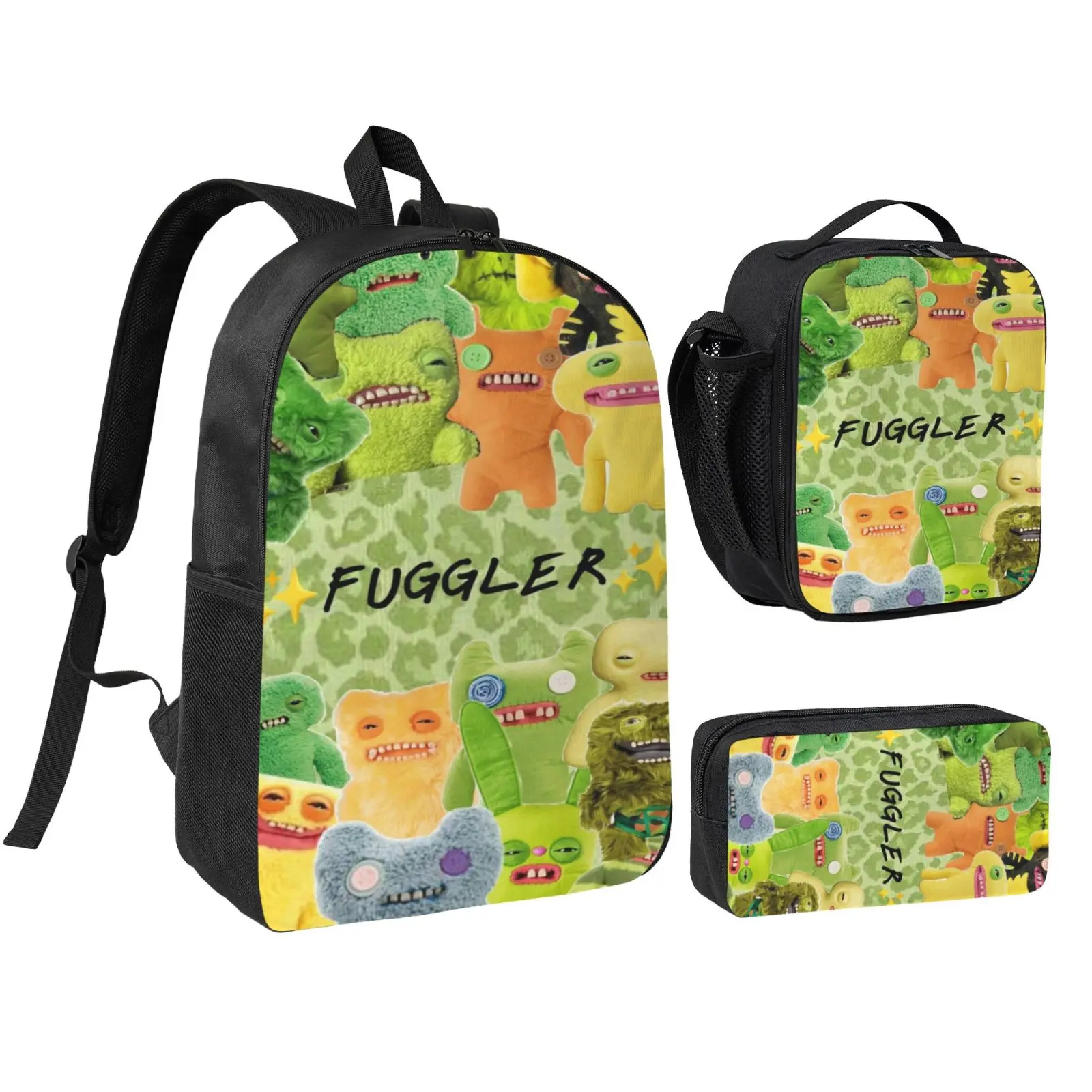 Anime Fuggler3 3-Piece School Backpack Set for Teens, Adjustable Strap Kids Bookbag with Cute Print, Insulated Lunch Bag, Pencil Case, Lightweight Prop 65 Safe School Travel Daypack, Back To School Haul, Matching Lunch Bag And Set Backpacks
