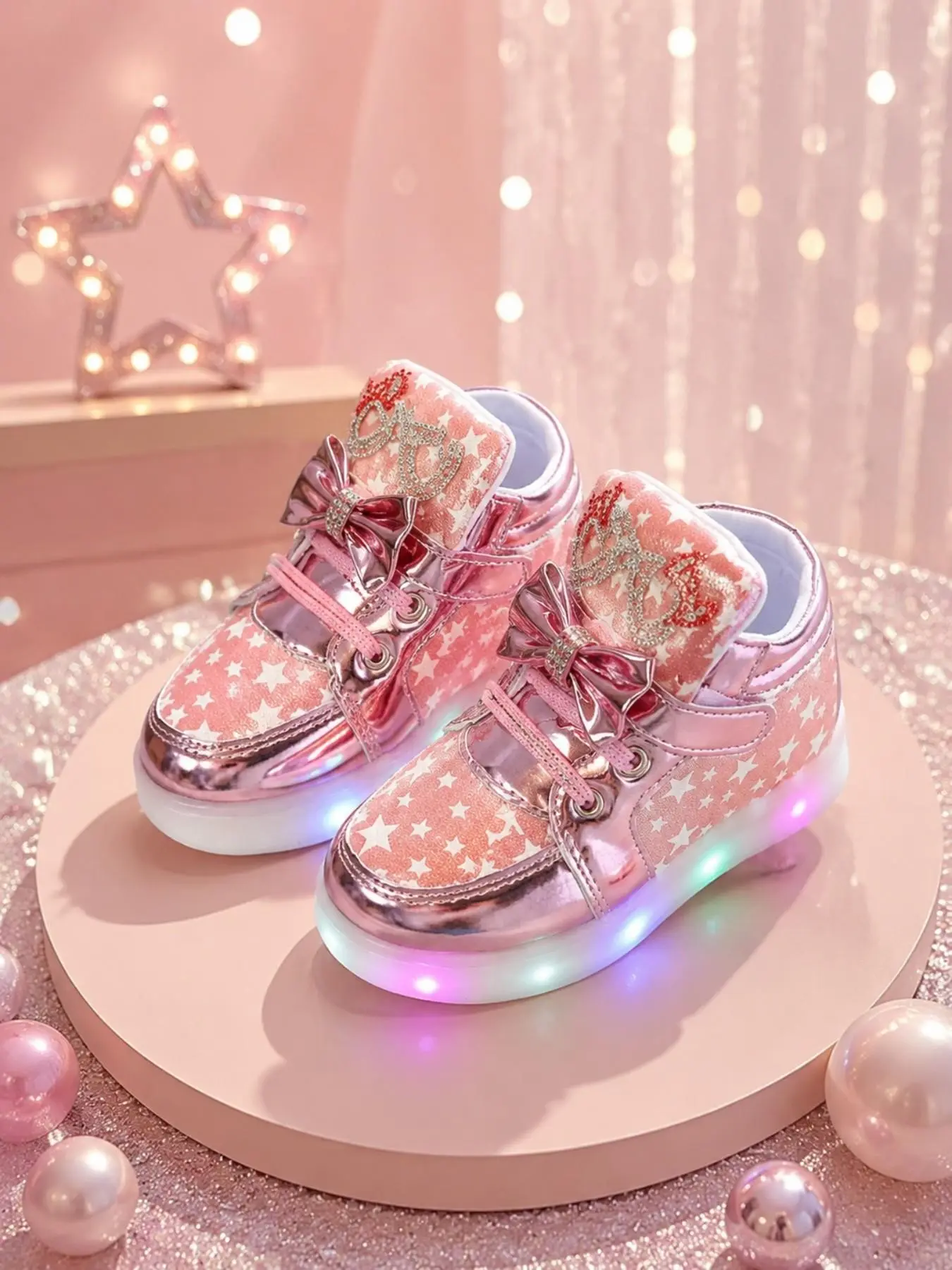 Girls' High-Top Glitter Board Shoes, Rhinestone Bow Velcro Flashing Light Soft Sole, Versatile Outdoor Fashion Girly Sneakers, Trendy High Top Trainers