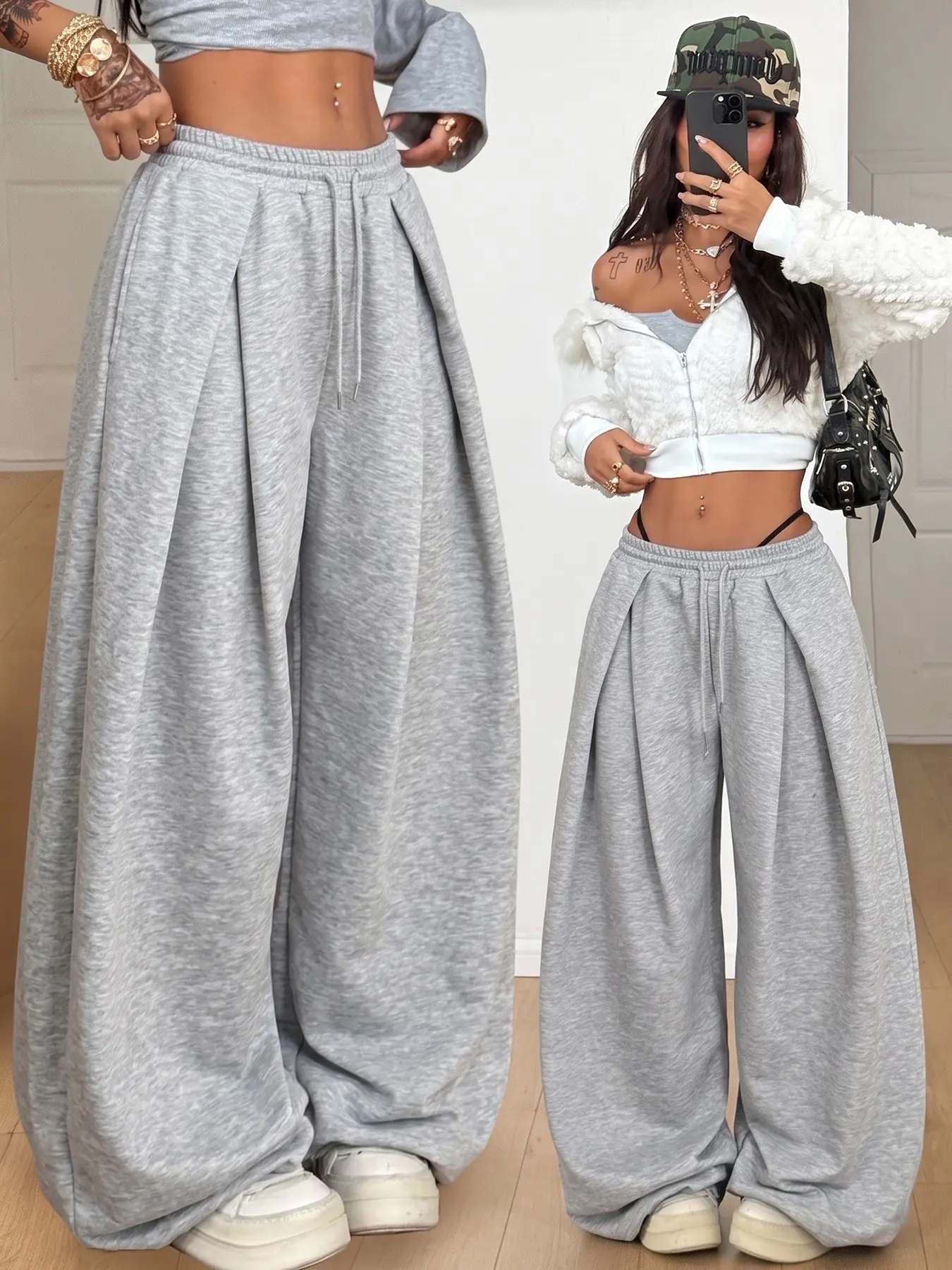 Y2K Street Hip Hop Women's Heather Grey Sweatpants, Dual Front Pleated, Adjustable High Waist Drawstring Elastic Waist, Oversized Balloon Drape Floor Extra Wide Leg Trousers, Soft Heather Knit Pear Shape Friendly Casual Bottoms For Skate Street Shot, Gym
