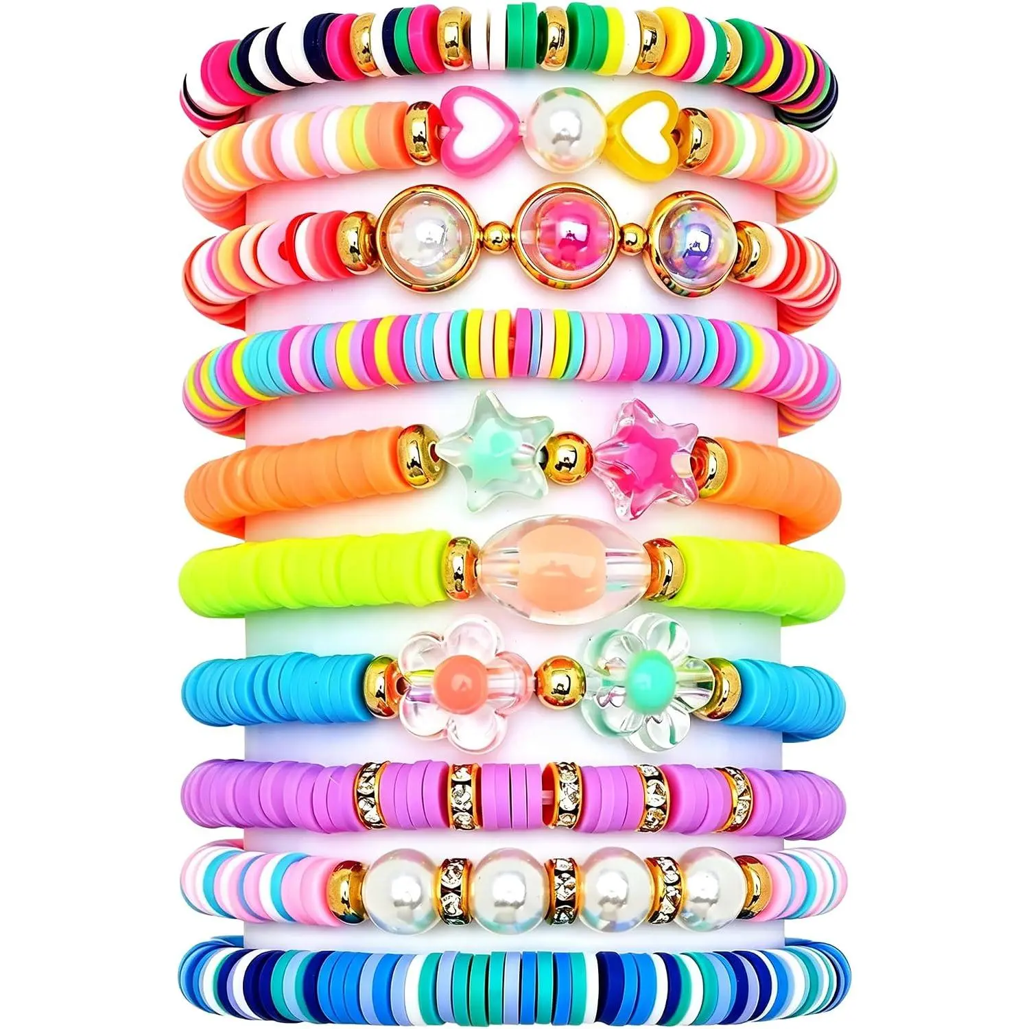 Bracelets for Girls, 10 count Colorful Clay Bead Bracelet Set, Stretch Charm Bracelets for Teens, Cute   for Daughters, Granddaughters, Nieces, Birthday Party Favors