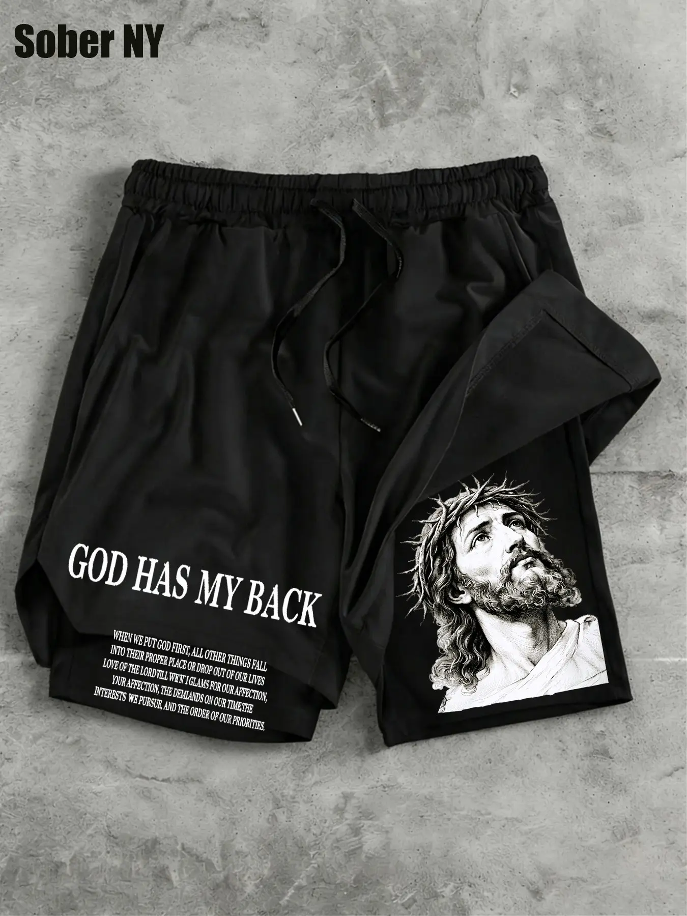 Men's Summer Casual Gym Shorts, Portrait Pattern Letter Print, Drawstring Faux Two-Piece, Natural Waist, Graphic Design, Graphic Track Shorts