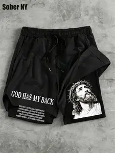 Men's Summer Casual Gym Shorts, Portrait Pattern Letter Print, Drawstring Faux Two-Piece, Natural Waist, Graphic Design, Graphic Track Shorts