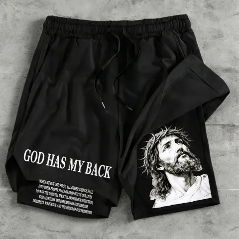 Men's Summer Casual Gym Shorts, Portrait Pattern Letter Print, Drawstring Faux Two-Piece, Natural Waist, Graphic Design, Drawstring Active Shorts