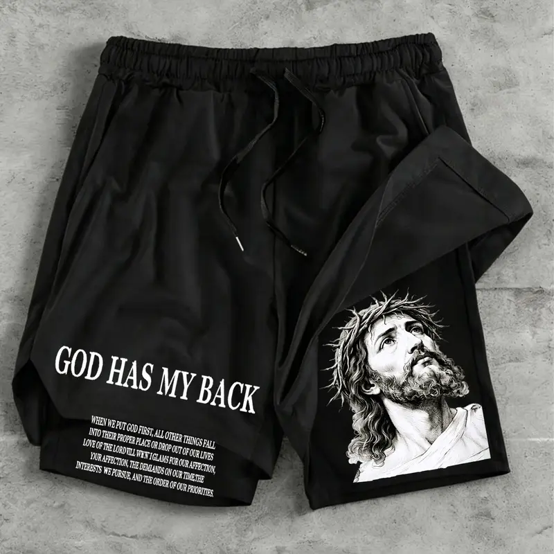 Men's Summer Casual Gym Shorts, Portrait Pattern Letter Print, Drawstring Faux Two-Piece, Natural Waist, Graphic Design, Drawstring Active Shorts