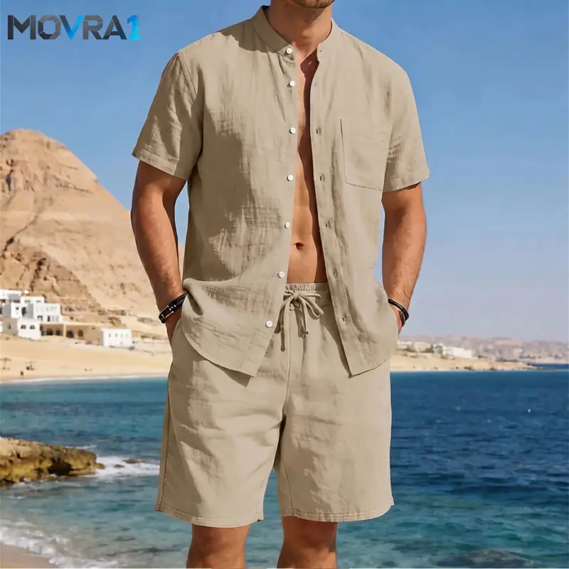 MOVRA1 Men’s solid linen casual set: stand-collar short-sleeve shirt, elastic-waist mid-length shorts; textured with wrinkle resistance and a drapey feel; skin-friendly, breathable-doesn’t trap; suitable everyday commuting and light busin