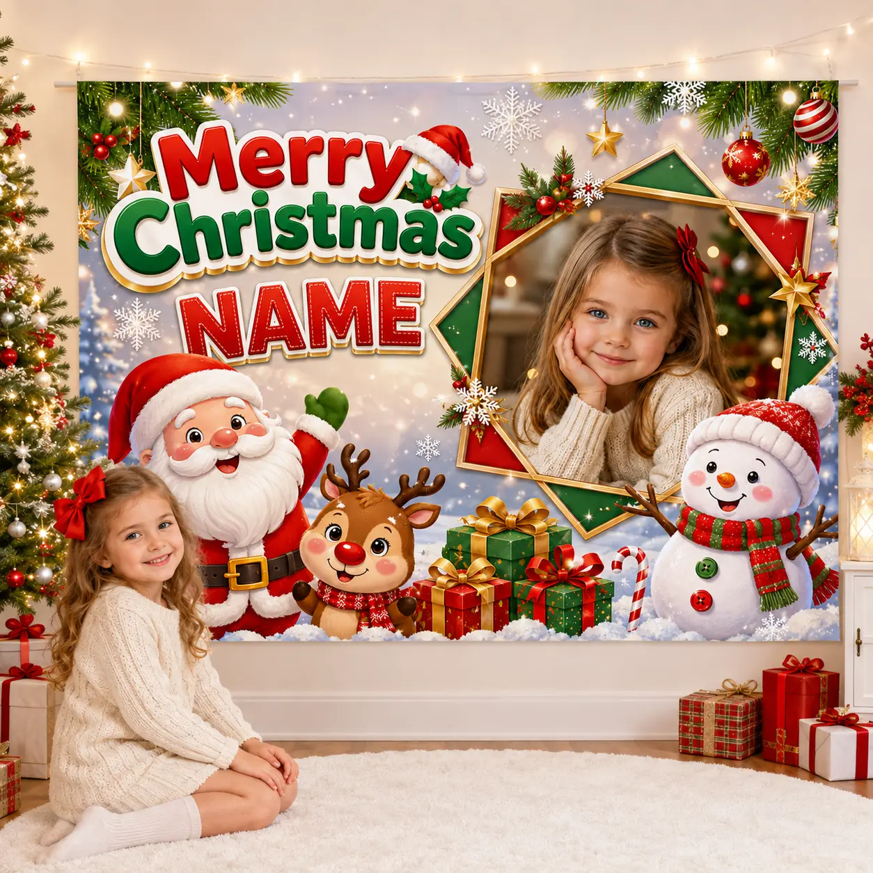 Personalized Christmas Backdrop for Kids, Custom Name Photo Santa Snowman Reindeer Holiday Banner, Festive Family Party Decor