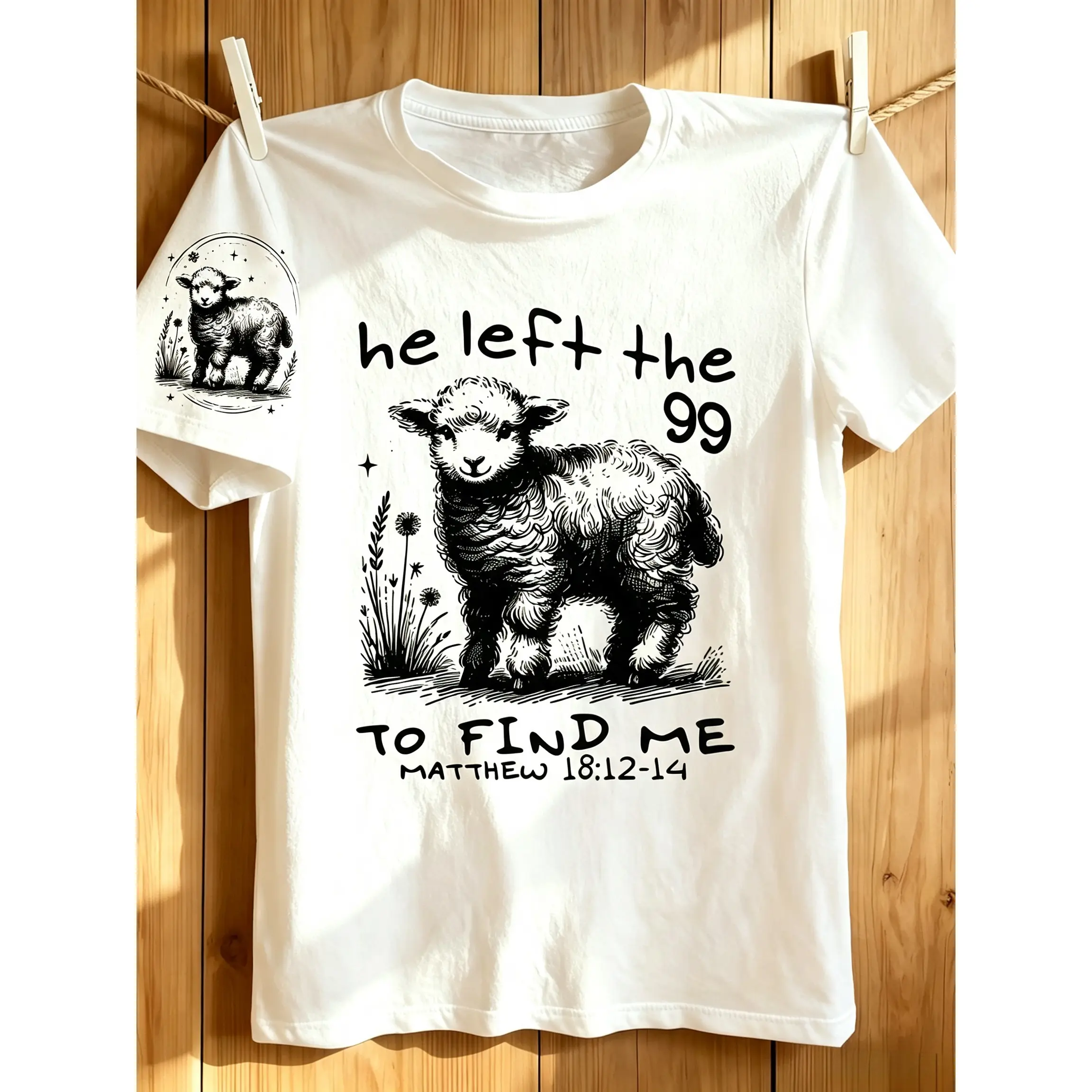 He Departed with That Humorous Christian T-Shirt for Both Men And Women,Dual Print Vintage Sketch Lamb He Left The 99 Matthew Scripture Boho Christian Worship Graphic Tee,Unisex Vintage Graphic T-Shirt