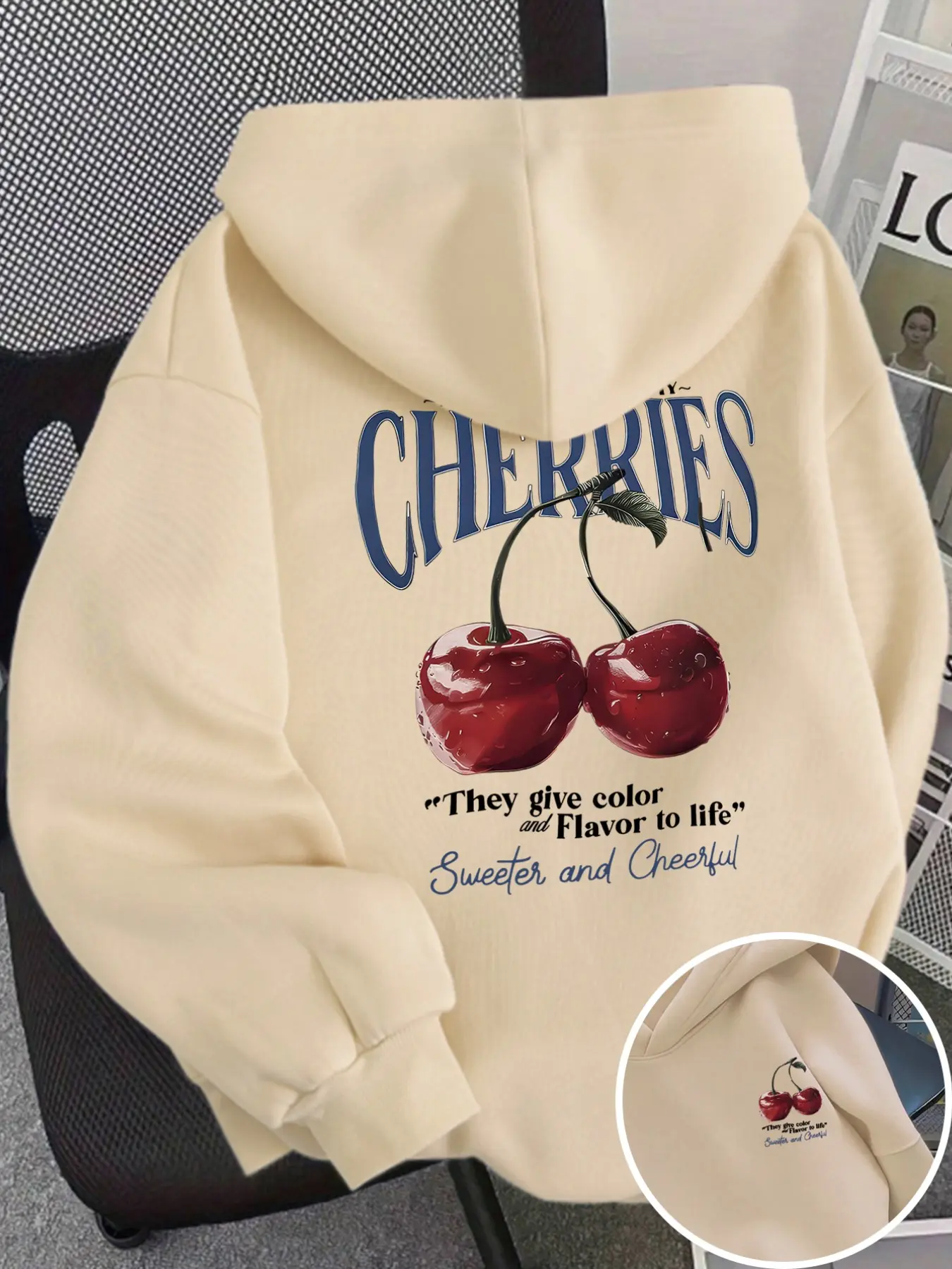 Women's Hooded Sweatshirt, Cherry Fruit Print, Loose-Fit Long Sleeve Pullover, Casual Streetwear for Fall Winter, Daily Wear