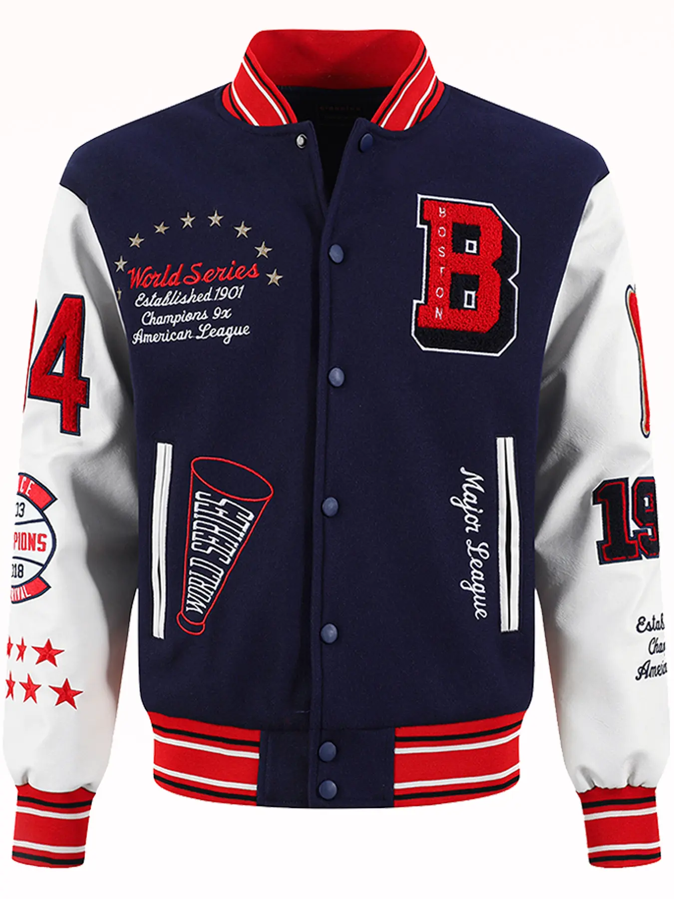 Men's Deep Blue  #34 Baseball Jacket Casual Fashion High-End Embroidered with white PU Long Sleeve College Style Streetwear Sportswear