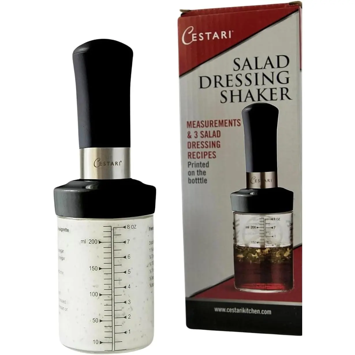 Premium Borosilicate Glass Salad Dressing Shaker, Leak Proof Dispenser with Mixer Insert, Measurements and Recipes, Reusable Vinaigrette Cruet