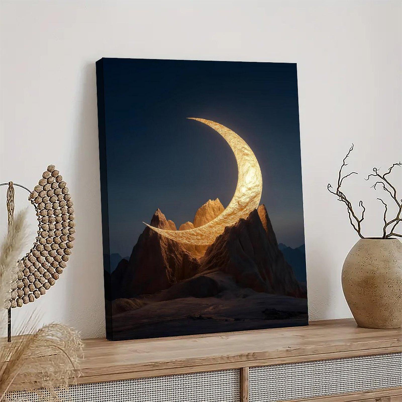 Golden Crescent Moon Over Mountains Artistic Wall Decor, Waterproof Canvas Poster, Cute And Vibrant Poster for Bathroom, Living Room, Bedroom, Dorm, A Perfect Gift Idea for New Year Home Decor