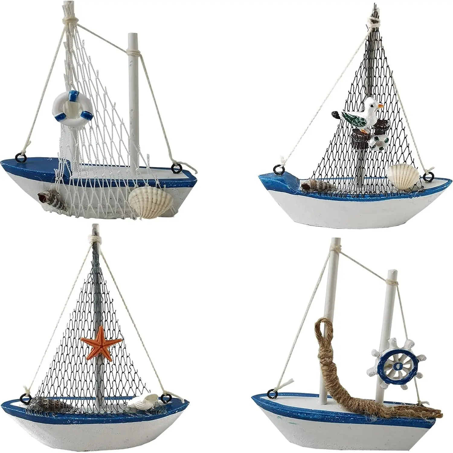 4 count Mini Sailboat Model Decoration Wooden Miniature Sailing Boat  Decor Set, Beach Nautical Design, Navy Blue and White, 4.4 x 6.8 Inch (StyleB)