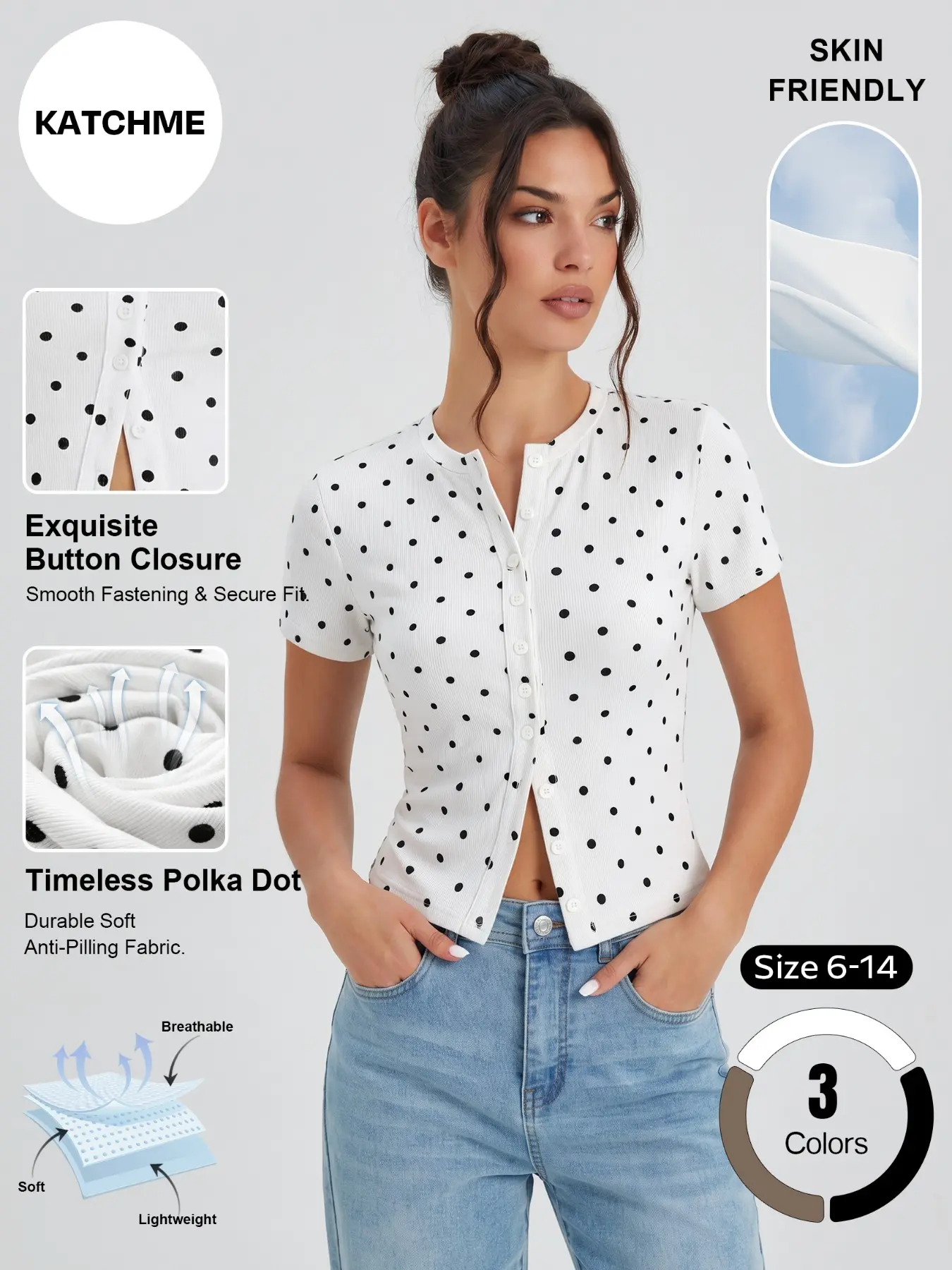 Women's Versatile Polka Dot Button-Up Short Sleeve Flattering Top, Soft Skin-Friendly Breathable T-Shirt for Summer Streetwear, Lightweight Stretch Pill Resistant Daily Outfit#TikTokMadeMeBuyIt #CasualTop #CasualChic