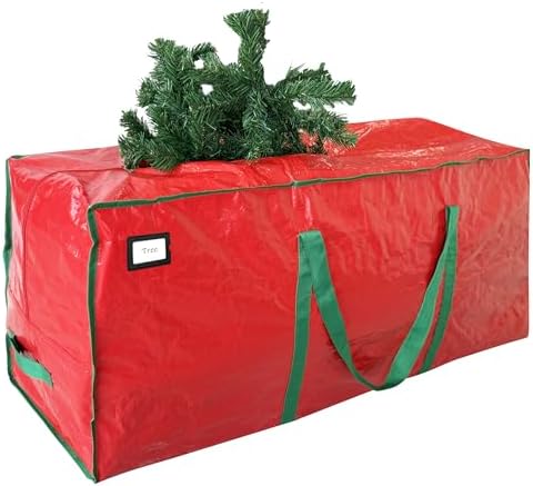 AGS Cosy Family 7.5 ft Christmas Tree Storage Bag - Durable Heavy Duty Extra Large Artificial Xmas Holiday Tree Bag with Reinforced Handles and Dual Zippers Wide Opening - Red