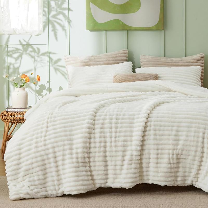 Fluffy Comforter California King Size - Super Faux Fur Cream White, Seasons Warm Plush, 3, 1 Shaggy Fuzzy Cal King Comforter with 2 Pillowcases