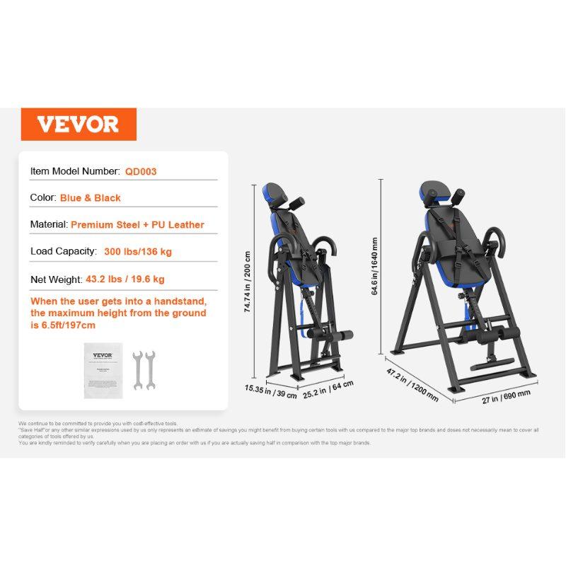 SummerWinsHeavy Duty Inversion Table, 300 lbs Capacity Back Stretching Decompression Machine, Strength Training Tool with Adjustable Height, Ankle Locks, Folding Frame, Multi-Point Fixation, Headrest, Adjustable Protective Belt, Blue/Black, Home Gym Macde