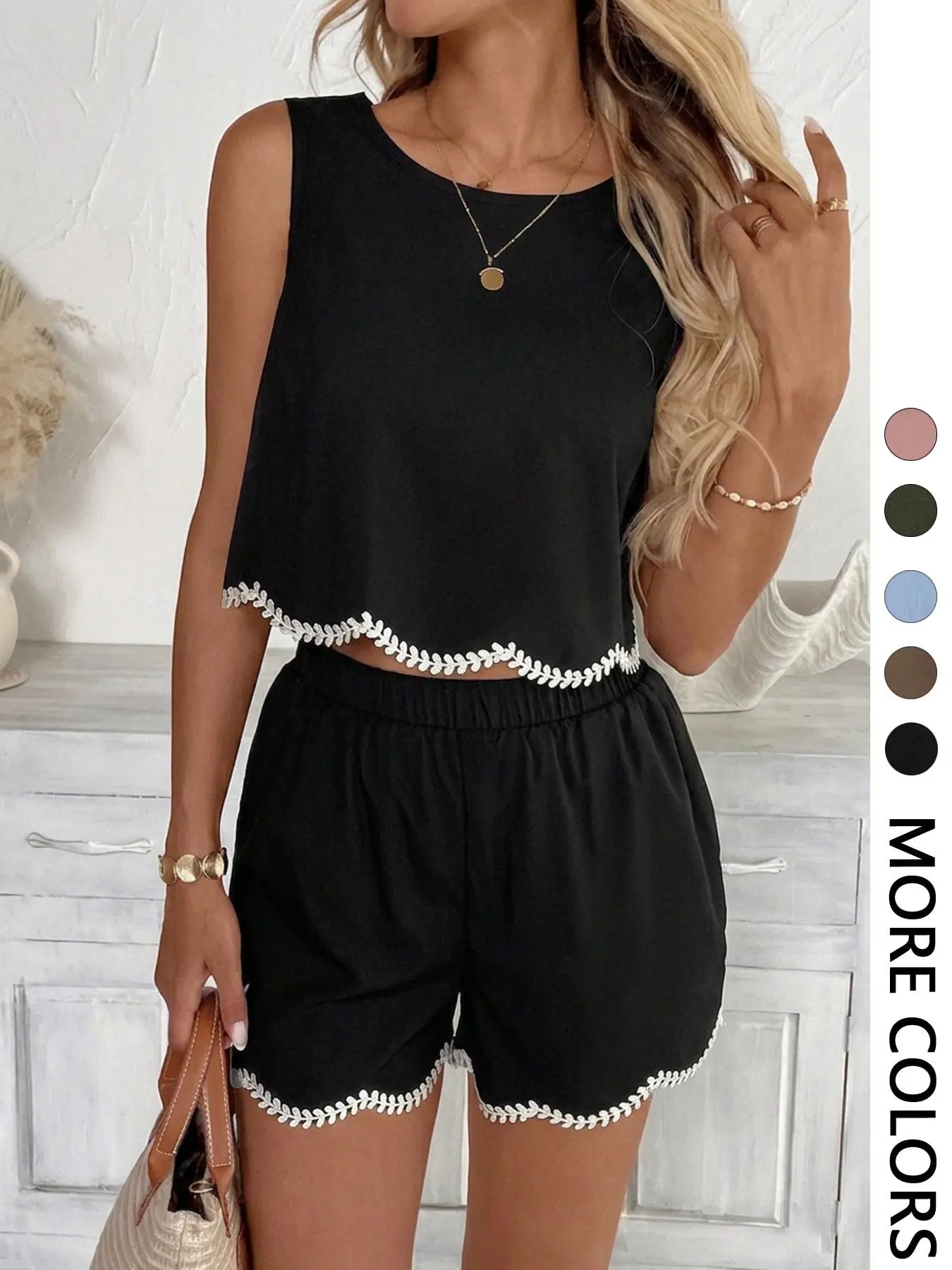 Women's Scallop Trim Embroidered Two-Piece Set, Suitable for Casual Going Out and Daily Wear, Island Vacation Outfits, Sleeveless Summer Outfits for Women