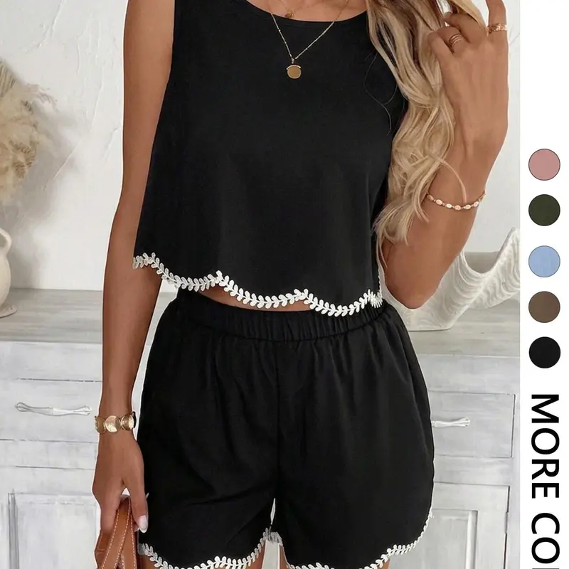 Women's Scallop Trim Embroidered Two-Piece Set, Suitable for Casual Going Out and Daily Wear, Island Vacation Beach Outfits, Sleeveless Summer Outfits for Women, Vest Shorts Set
