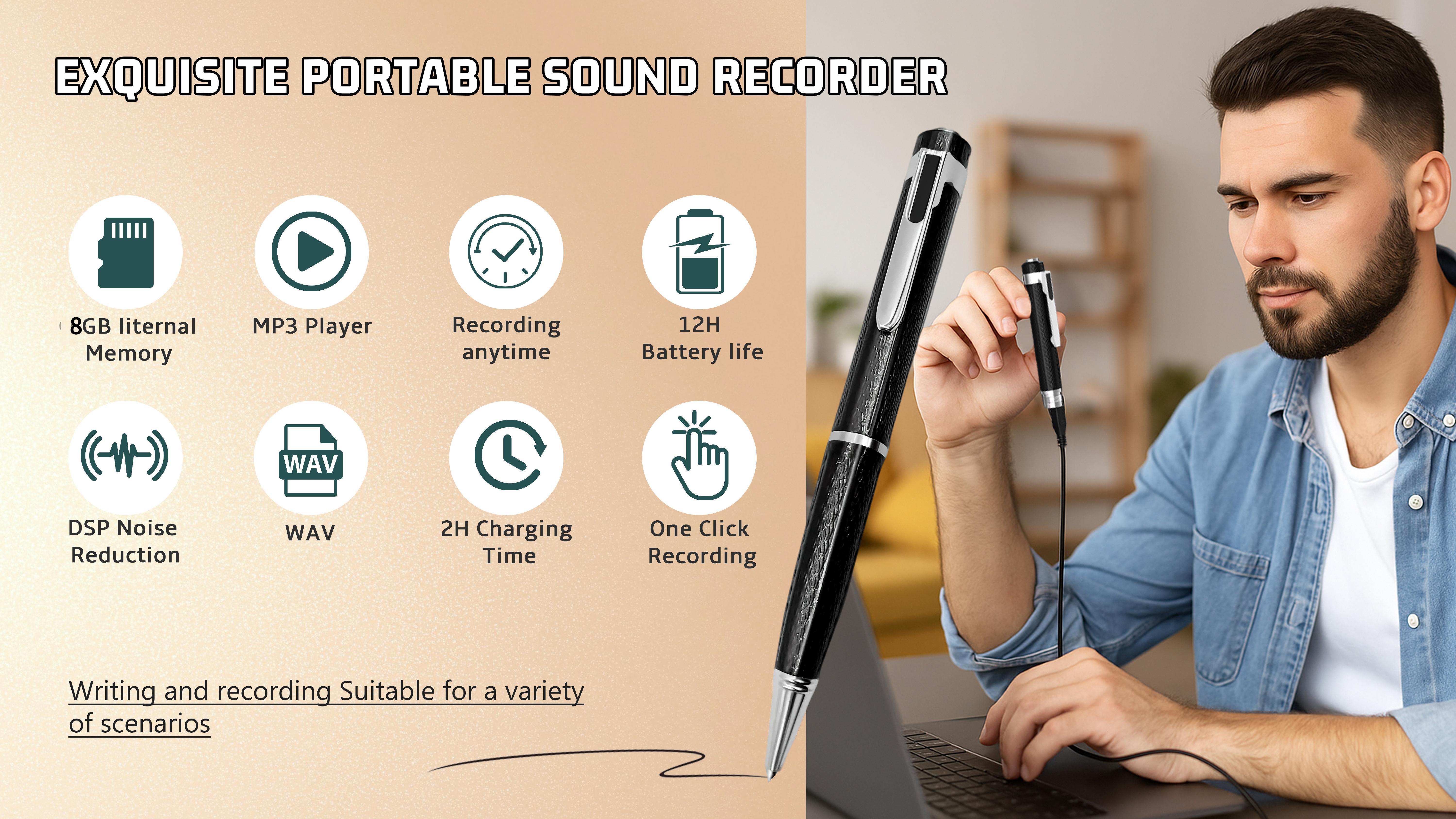 Smart Digital Pen, Refillable, Metal Body, Portable Compact Technology Gadget, Voice Activated Smartphone Recorder, Noise Reduction for Convenient Voice Audio Recording, USB High-Precision Interview Recording Device Car recorder