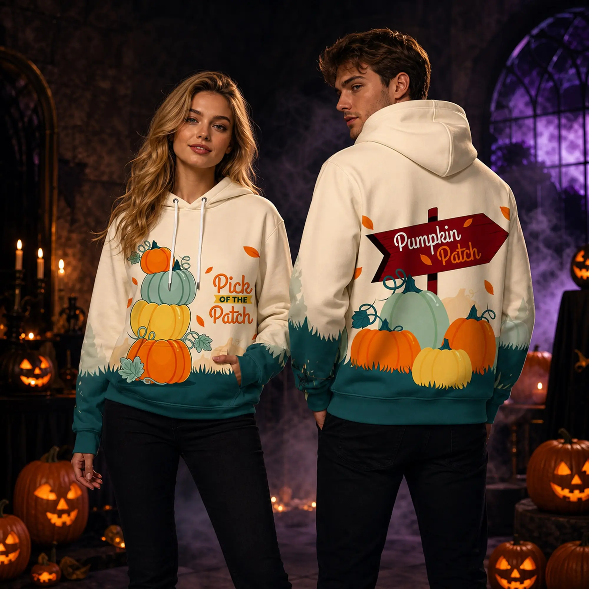 Women’s Halloween Pumpkin Hoodie - Long Sleeve Drawstring Hood Pullover Sweatshirt with Cute Stacked Jack O' Lanterns, All Over Print, Fall Casual Sports Outerwear for Halloween Party, Spooky Season, Stacked Pumpkins