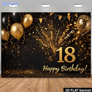 2D Flat Banner 1pc, 18Th Black Golden Theme Birthday Party Backdrop Golden Shimmering Number 18 And Happy Birthday Text Paired with Black Golden Balloons Golden Foil Spray Triangular Banners Confetti And Golden Sequins Vibrant Pri