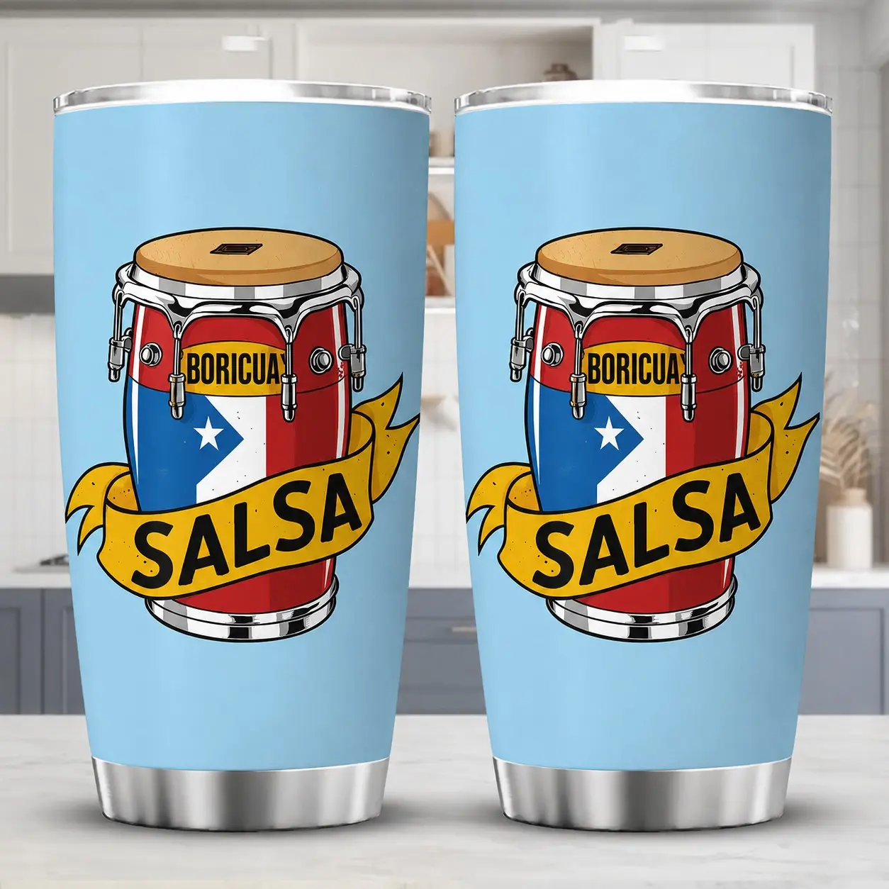 20 oz Boricua Salsa Drum Tumbler, 304 Stainless Steel Insulated Travel Cup, Drinkware, Latin Music Gift for Puerto Rico Culture Lovers, Dance Fans and Daily Use