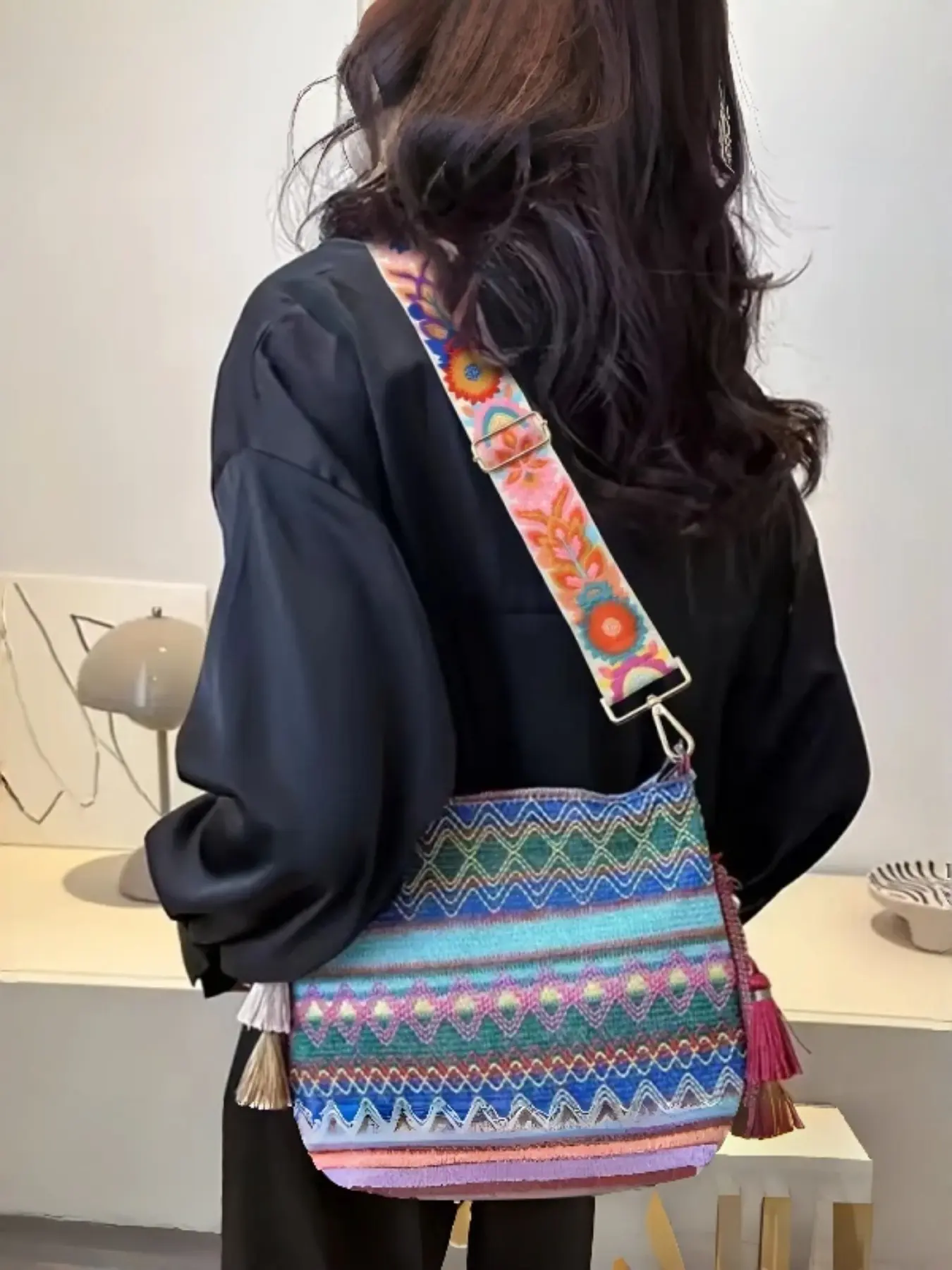 Boho Embroidered Bag Strap, Wide Peacock Flower Design, Adjustable Ethnic Style Shoulder Strap for Crossbody, Tote, Phone Case, Wallet, Camera, Guitar