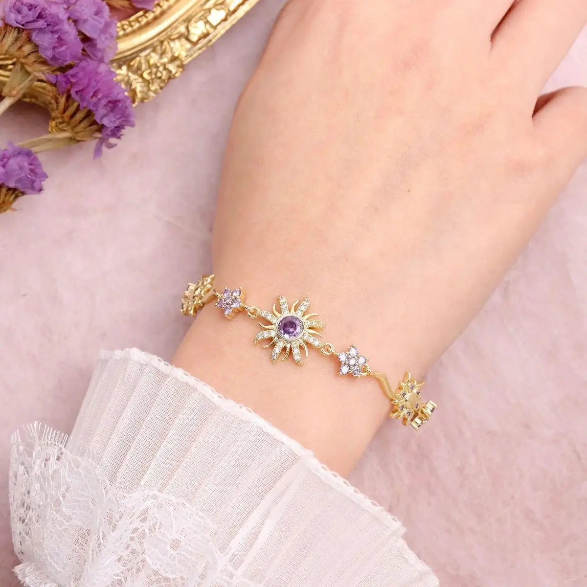 Purple Sunflower Zircon Bracelet for Women, Sun Moon Starburst Charm Jewelry Accessory for Daily Wear and Holiday Outfits