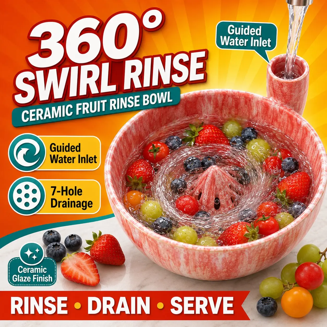 Self-Spinning Ceramic Fruit Washing Bowl, 360° Rotating Berry Washer with Drain Holes and Inlet, Multifunctional Kitchen Colander and Strainer for Fruits, Vegetables and Food Prep