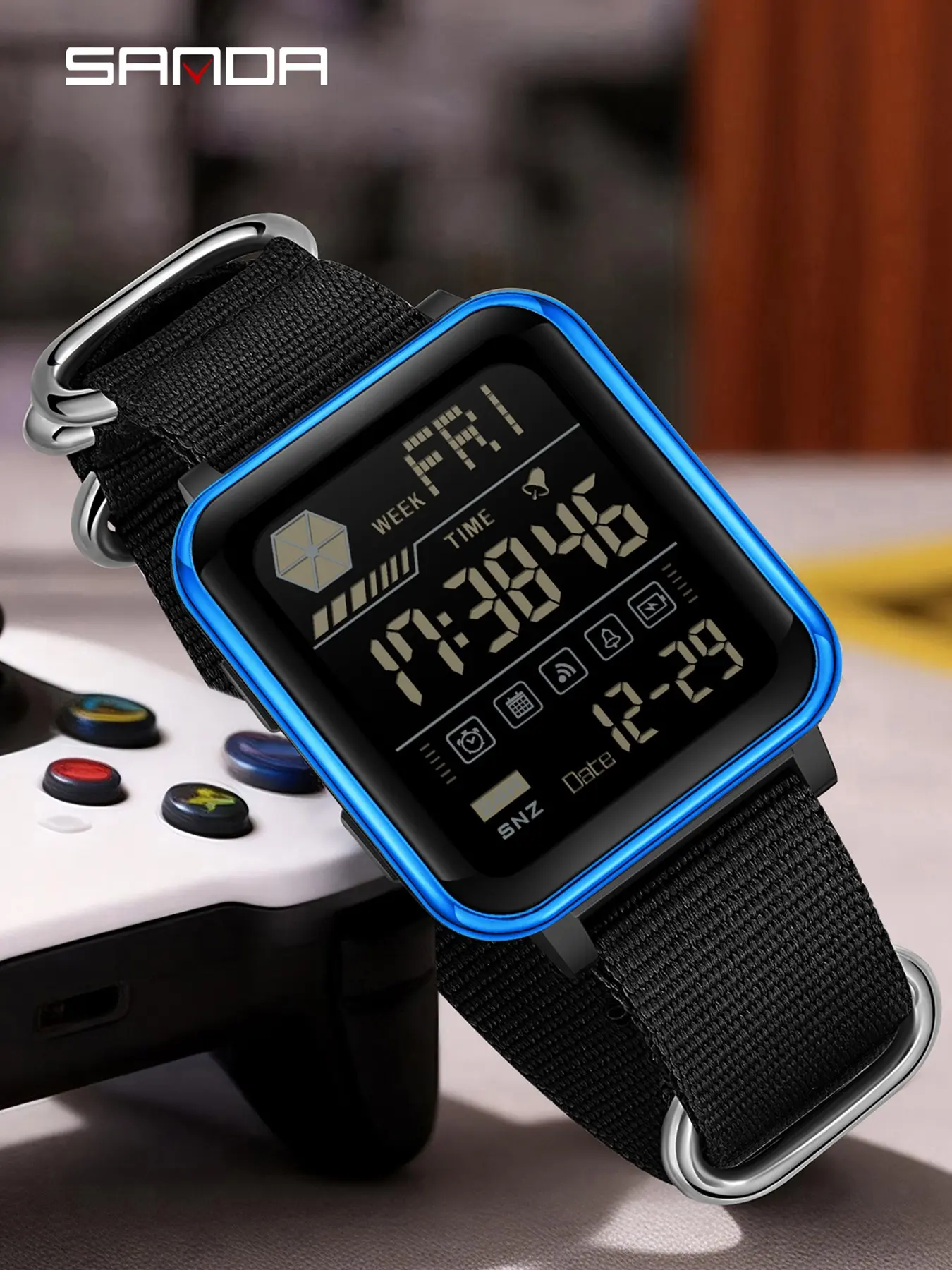 1Set Sanda 6159 Square Wristwatch Electronic Watch Nylon Woven Strap 5Atm Waterproof Dual Time Zone Countdown Alarm Clock Stopwatch Luminous Watch For Boys And Girls Outdoor Fitness Multifunctional Digital Electronic Watch Trend Simple Student Watch